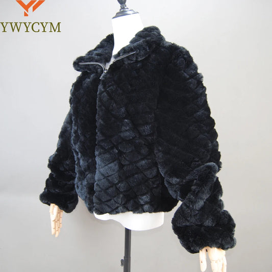 2025 Black Fashion Short Real Rex Rabbit Fur Jacket with Lapel Collar Woman Winter New Genuine Rex Rabbit Fur Coat Outwear