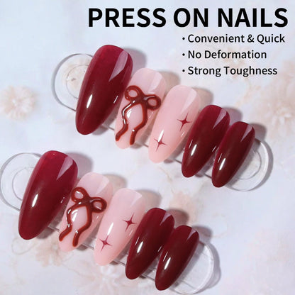 24Pcs 3d gelnails makes bow design French tip Press on Nails almond design Fit Perfectly Acrylic False Nails set,Include: 1pcs J