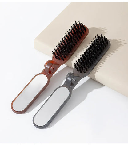 1Pc Foldable Bristle Comb with Mirror Mane Bristle Hair Brush Portable Pocket Collapsible Travel Massage Salon Hair Styling Tool