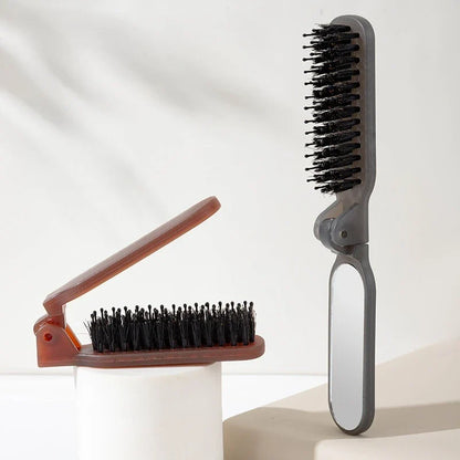 1Pc Foldable Bristle Comb with Mirror Mane Bristle Hair Brush Portable Pocket Collapsible Travel Massage Salon Hair Styling Tool