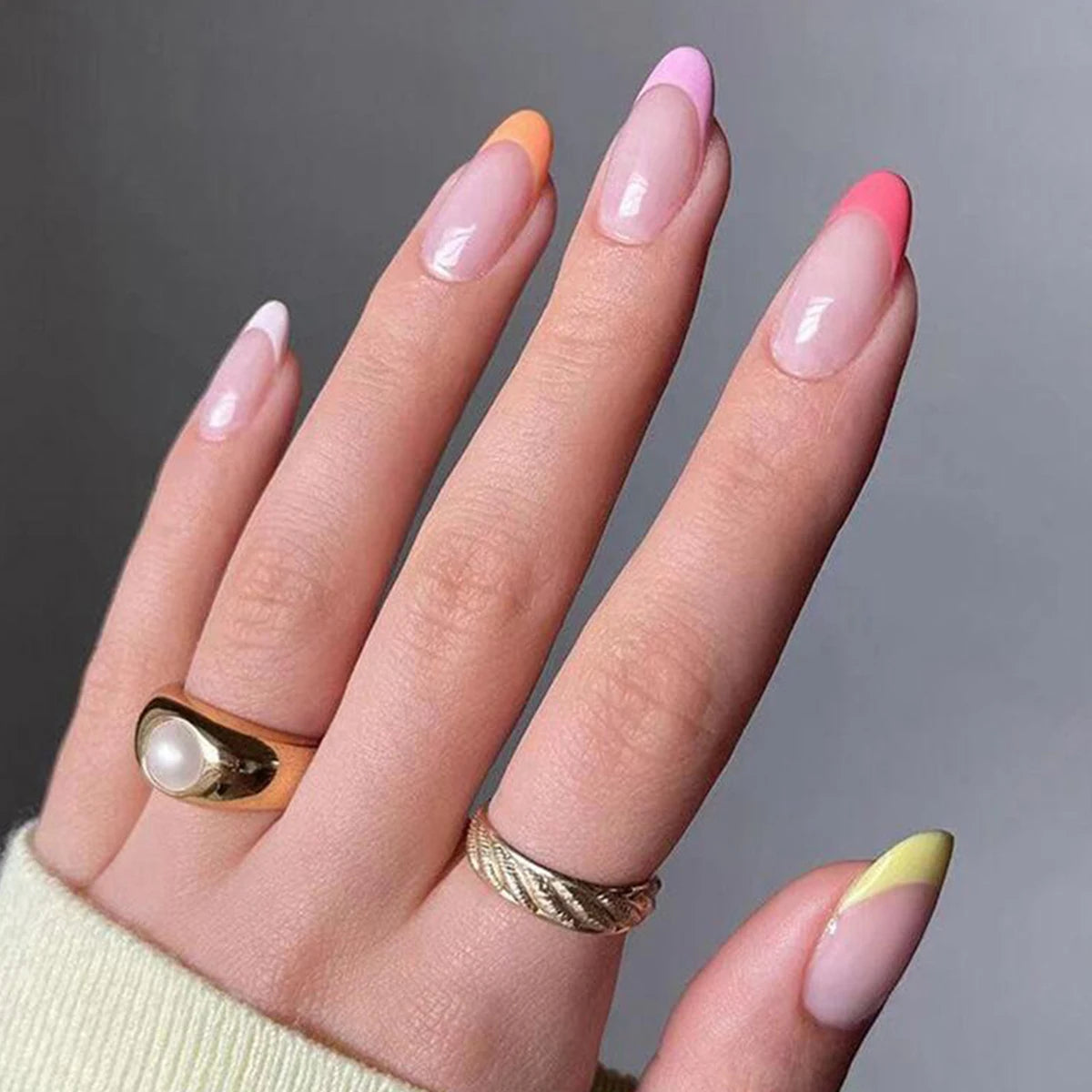 Trend Popular 24Pcs/Set Women Girls Long Oval Shaped French Colorful stripes Full Coverage Wearable Fake Nail Press on Nail Art