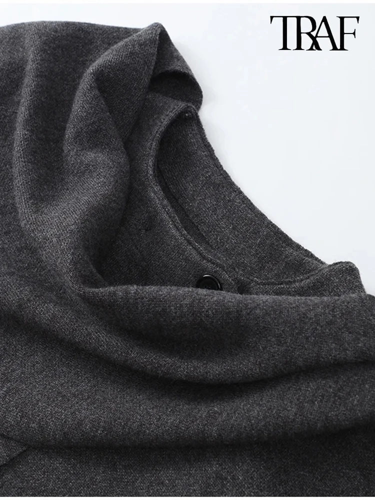 TRAF Women's Fashion Fall/Winter Fashion Asymmetric Scarf Knit Jacket Long Sleeve Split Hem Streetwear Casual Jacket