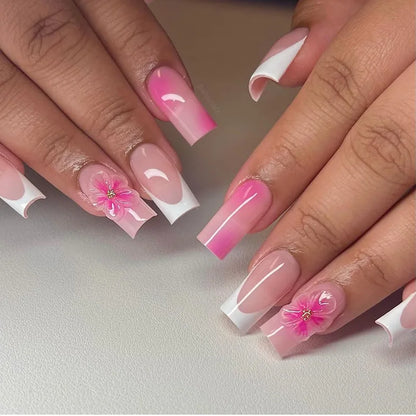 24pcs Sweet Pink Fake Nail Patches Blush 3D Bows Flower Pearl Buttertfly Press On Nails Wearable Almond Korean False Nail Tips