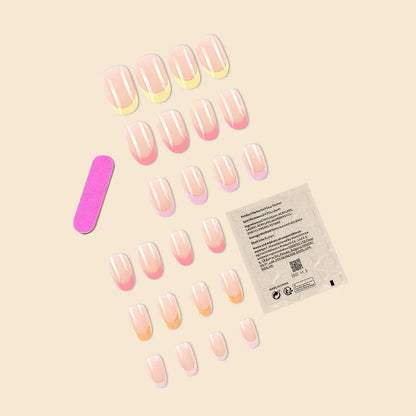 Trend Popular 24Pcs/Set Women Girls Long Oval Shaped French Colorful stripes Full Coverage Wearable Fake Nail Press on Nail Art