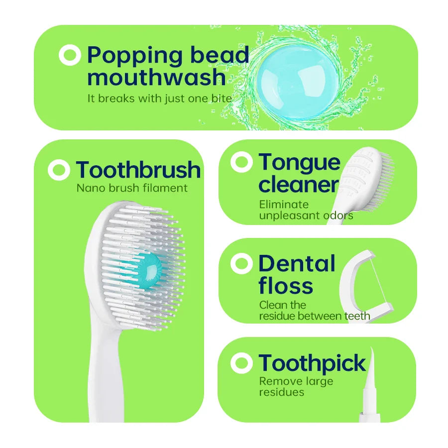 Portable and individually packaged 3-in-1 nano brush head toothbrush floss disposable toothbrush for adults on business trips