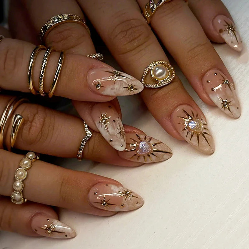 24Pcs Stiletto Press on Nails Glitter Almond False Nails French Tip Fake Nails with Glue Detachable Full Cover Acrylic Nail Tips