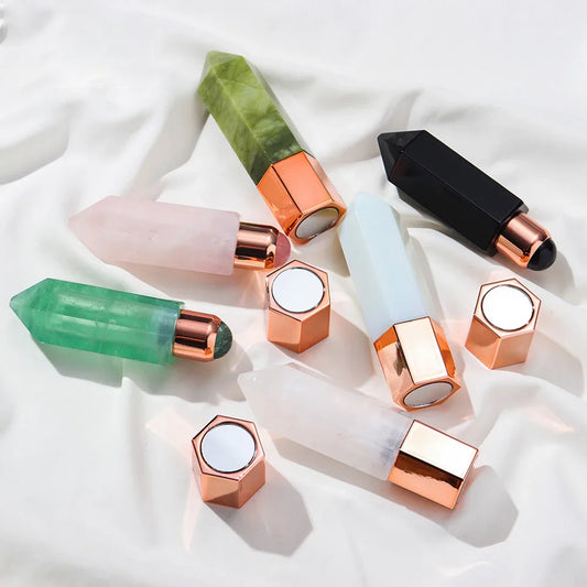 Facial Beauty Natural Healing Rose Quartz Obsidian Crystal Column Perfumes Essential Oil Roller Bottles Mother's Day Women Gift