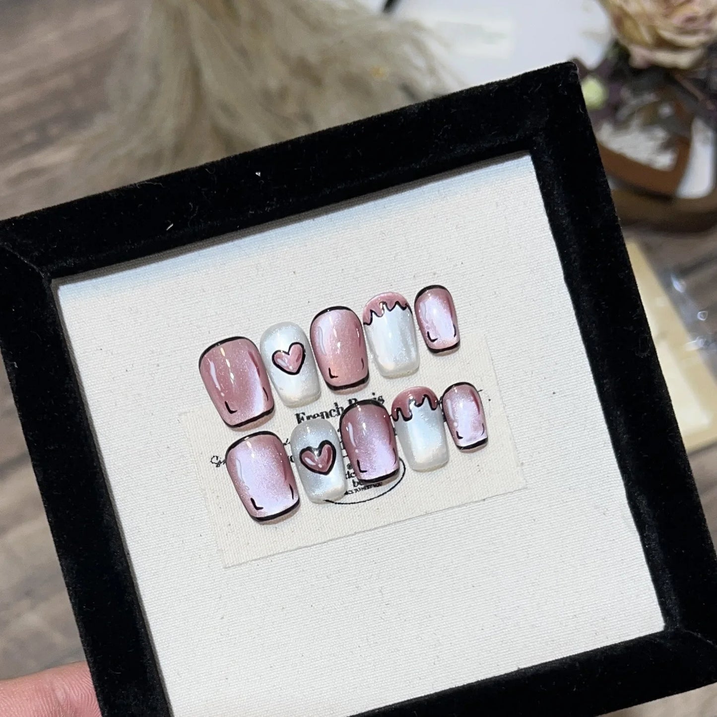 10Pcs Cat Eye Short Handmade Press On Nails Full Cover Rhinestone Butterfly Design Pink False Nails Manicure Wearable Nail Tips