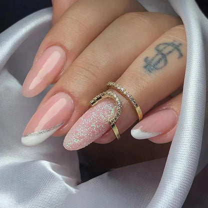 24Pcs Simple Glitter Almond False Nails with Glue Ballerina Nail Design Sweet Cool French Detachable Press on Nail Manicure Tips