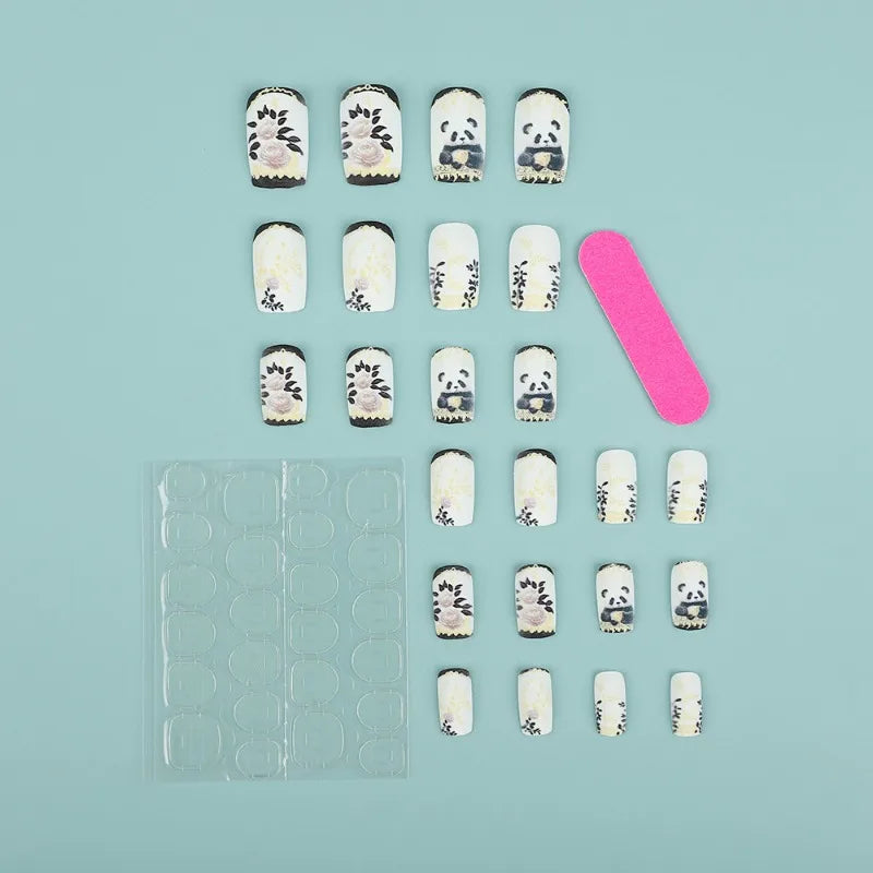 24Pcs Cute Square Stick on Fake Nail with Cartoon Panda Flower Pattern French Nail Art Acrylic Detachable Fashion False Nail Tip