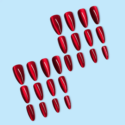 24pcs Glossy Red Cat's Eye Press On Nails Full Cover Nude Color Wearable Almond False Nails Charms Detachable Fake Nail For Girl