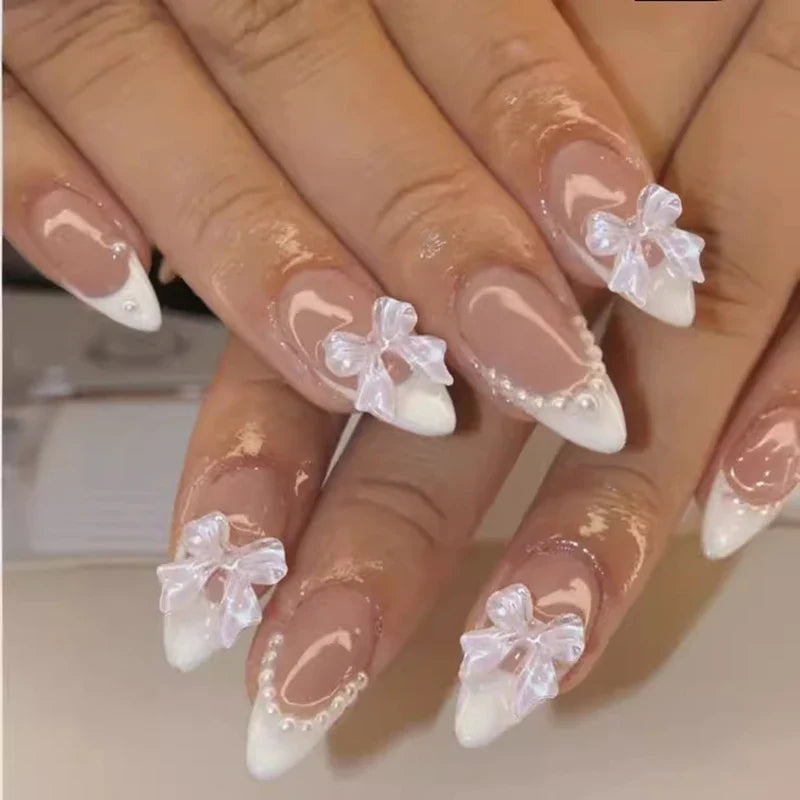 24Pcs Almond White French Press on Nails Pearl Bow False Nail Short Rhinestones Removable Nail stickers for Women and Girls