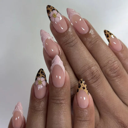 24pcs Smudging Flower Press On Nails Wave Point Designs French Style Almond False Nails Y2k Sweet Cool Fake Nail For Spicy Girls