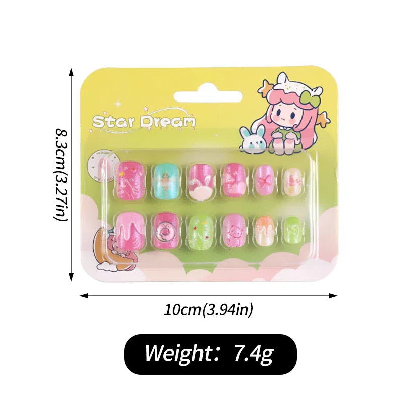 12pcs/Box Children Acrylic Fake Nails Safe Non-Toxic Adhesive Fake Nail DIY Artificial Fingernails for Girls Children's Day Gift