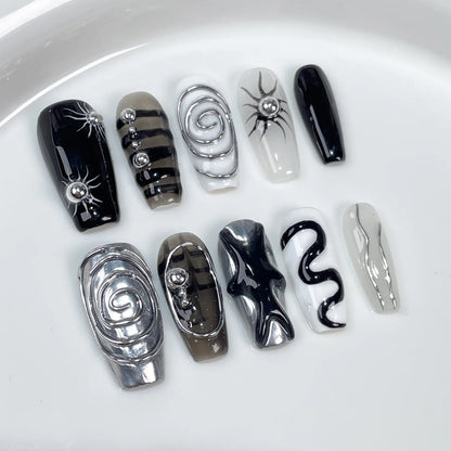 10Pcs Black Handmade Press On Nails Coffin Fake Nails Full Cover Gradient Metal Contrast Artificial Manicure Wearable Nail Tips
