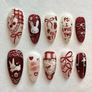 24PCS Wine Red Almond Press on Nails Cartoon Rabbit Bowknot with Plaid Pearl Designs French Fake Nails for Girls Detachable Nail