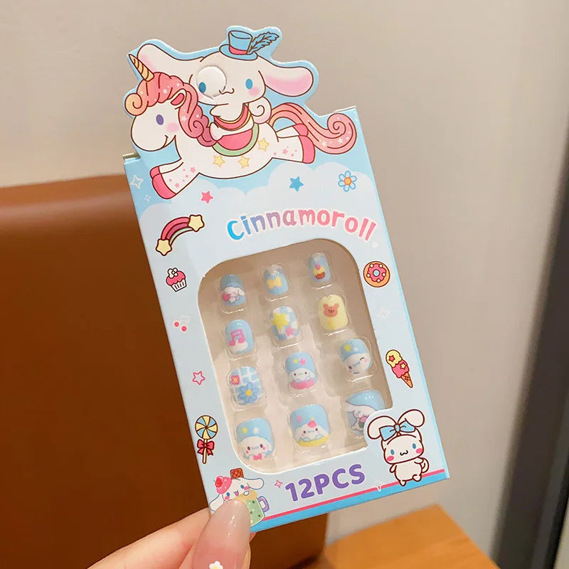 12pcs Kids 3D Stereo Sanrio Fake Nails Patch Sweet Girls Cute Cartoon Hello Kitty press on nails Kuromi Child Wearable FalseNail