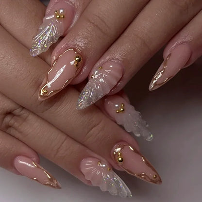 24Pcs White Gradient Press on False Nails Acrylic Stiletto Almond Fake Nail Wearable Solid Color Simple Full Cover Manicure Tips