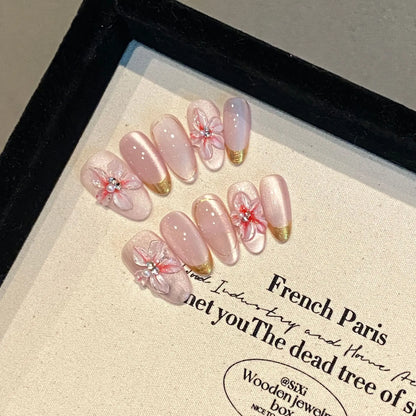 10pcs French Almond Press on Nails Flower False Nails Wearable Stick-on Nails Fake Nail Uñas Postizas Mujer Накладные Ногти 네일팁