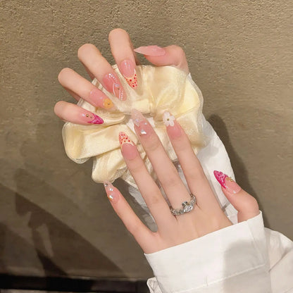 Handmade Press on Nails 3D Flower Snake Design Fake Nail Tips for Girls Wearable Detachable Sweet Gradient Almond False Nails