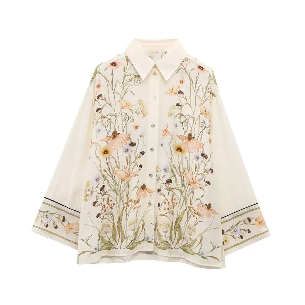 TRAF&Women 2025 Summer New Product Fashion Positioning Printed Long sleeved Shirt+Casual Elastic Waist Pants Set Blouses Mujer
