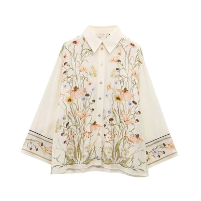 TRAF&Women 2025 Summer New Product Fashion Positioning Printed Long sleeved Shirt+Casual Elastic Waist Pants Set Blouses Mujer