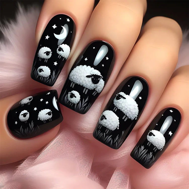 24Pcs Cute Square Stick on Fake Nail with Cartoon Panda Flower Pattern French Nail Art Acrylic Detachable Fashion False Nail Tip