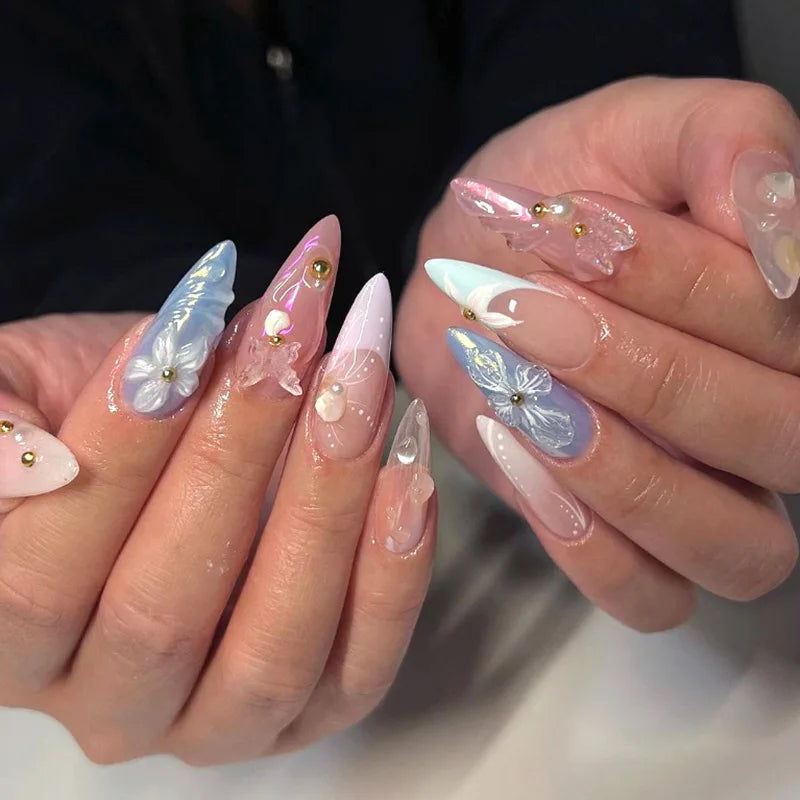 24pcs Almond False Nails Tips Summer Beach Colorful Nails Sets with Pearl Flower Design Press on Nails Art Wearable Fake Nail