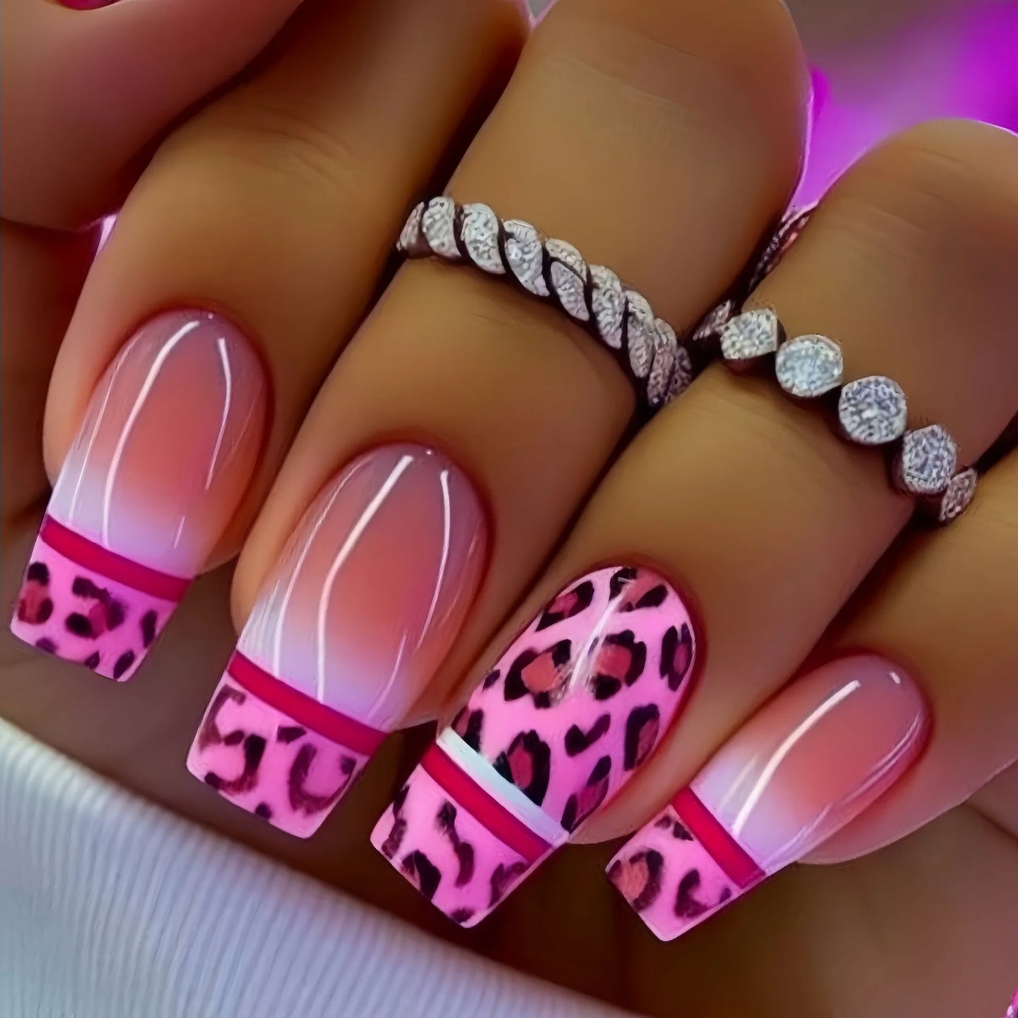 Short Medium long fake nails Square ballet nail tips Gradient purple pink blue leopard flame Y2K press on false nail art set