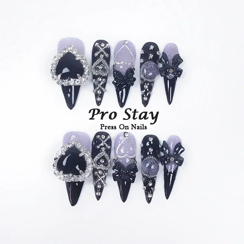 10pcs Dark black Y2k Hot Girl Handmade Press On Nails Sweet Cool  With Diamond Metal Decoration Wearable Artificial False Nail