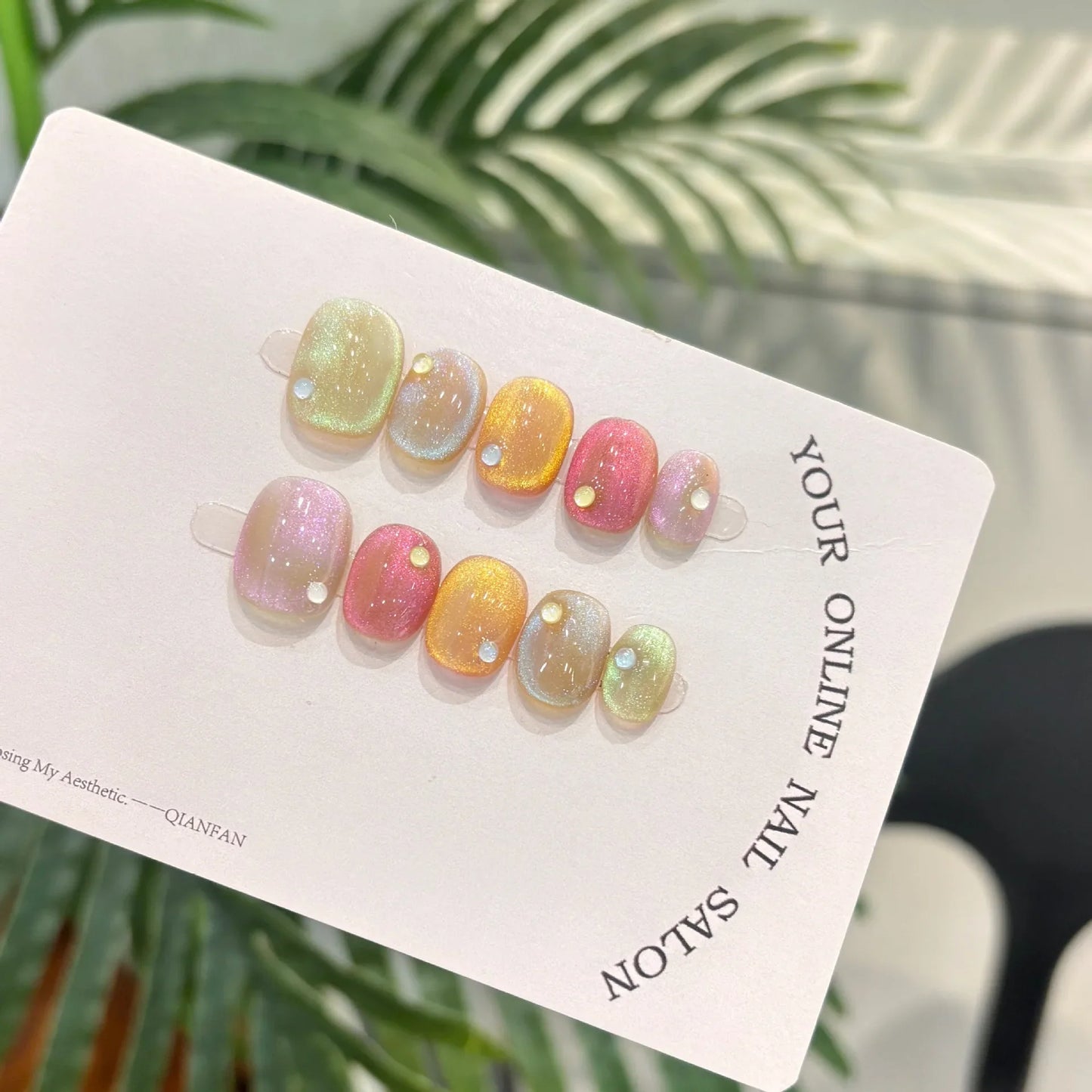 10Pcs Short Handmade Light Green Press On Nails Cat Eyes Pure Ballerina Decoration Wearable False Nails Full Cover Nail Tips Art