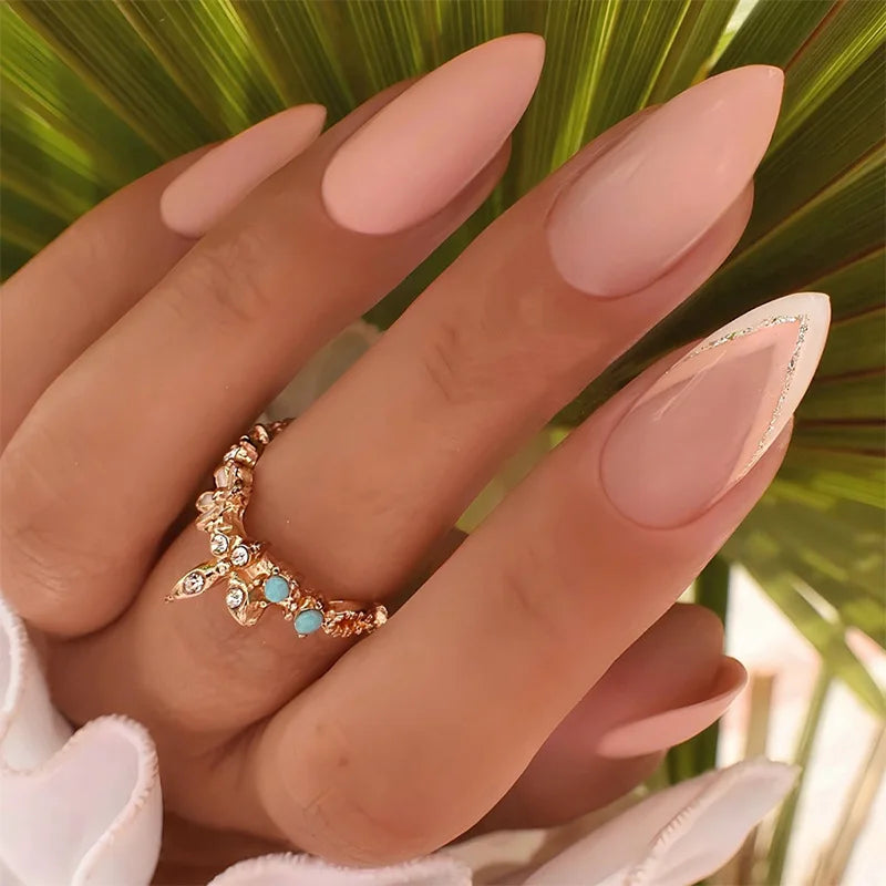 24pcs Almond False Nails Tips Summer Beach Colorful Nails Sets with Pearl Flower Design Press on Nails Art Wearable Fake Nail