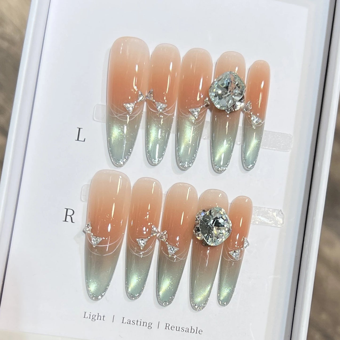 10pcs Long Almond Fake Nails Tips With Green Cat's Eye Handmade French Press On Nail Flower Pearl Design False Nail Detachable
