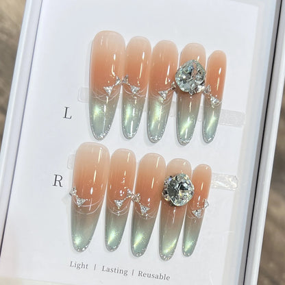 10pcs Long Almond Fake Nails Tips With Green Cat's Eye Handmade French Press On Nail Flower Pearl Design False Nail Detachable