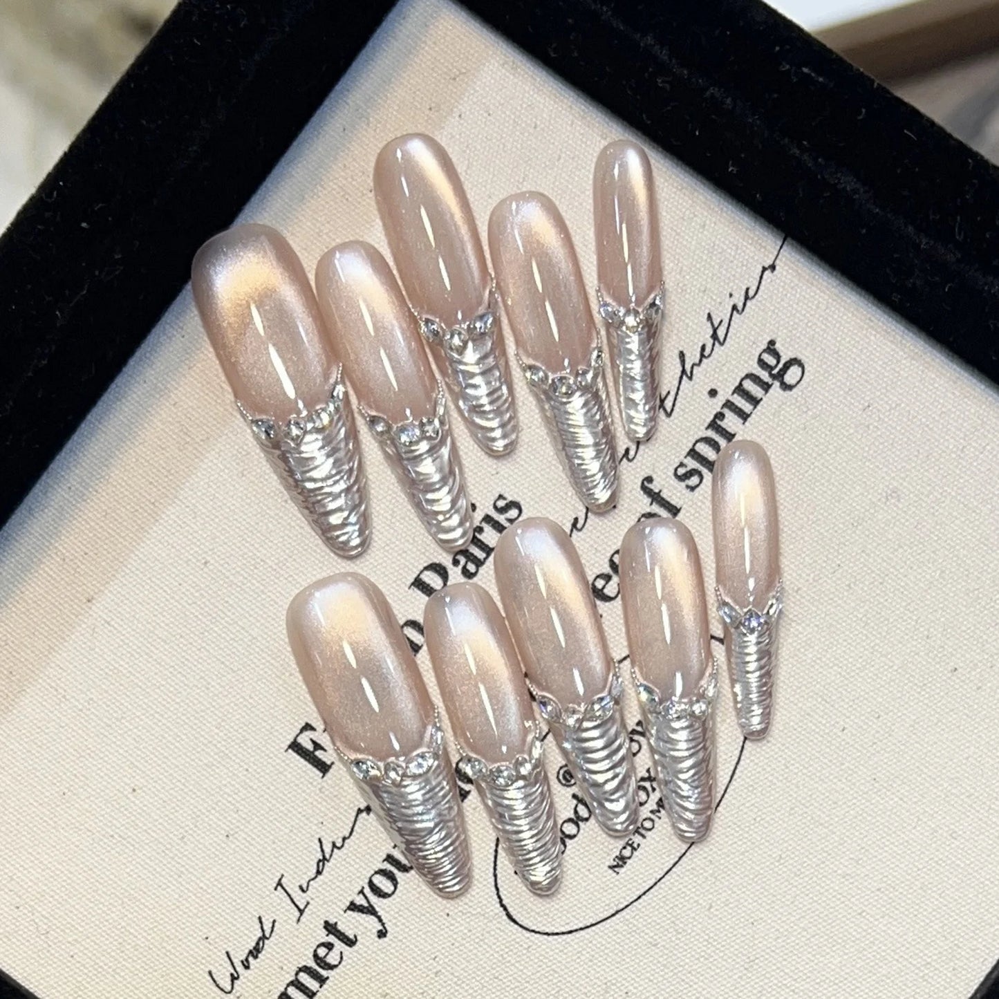 10pcs Long Almond Fake Nails Tips With Green Cat's Eye Handmade French Press On Nail Flower Pearl Design False Nail Detachable