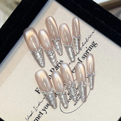 10pcs Long Almond Fake Nails Tips With Green Cat's Eye Handmade French Press On Nail Flower Pearl Design False Nail Detachable