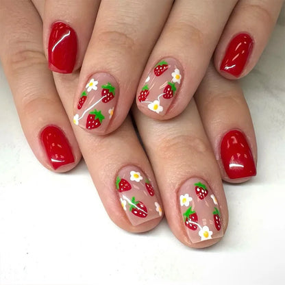 24Pcs Short Square Head Fake Nails with Glue Colorful Flower Design Press on False Nails Wearable Finished Full Cover Nail Tips