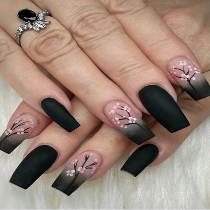 24PCS Design Short Square Shiny Black Cat Acrylic Fake Nail Glue And Blue Gradient Paste Suitable For Women And Girls