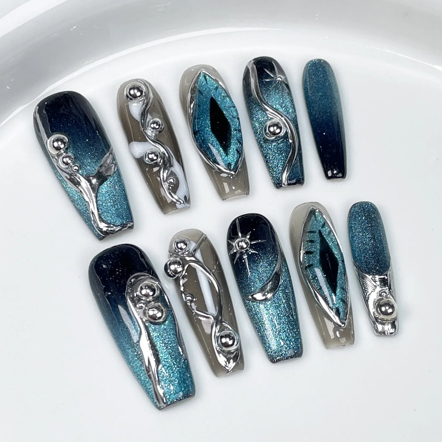 10Pcs Blue Handmade Press on Nails False Nails 3D Ocean Flower Full Cover Rhinestones Long French Wearable False Nails Tips Art