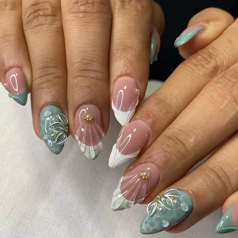 24pcs Almond False Nails Tips Summer Beach Colorful Nails Sets with Pearl Flower Design Press on Nails Art Wearable Fake Nail