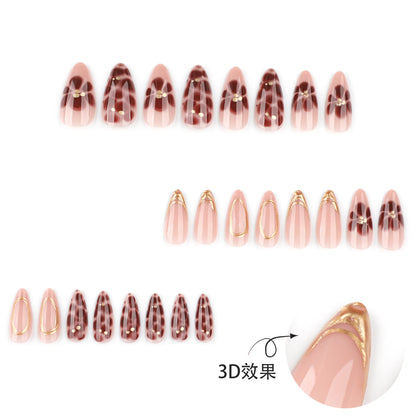 Fashion Brown Flowers Nude Color Nail Art Gold French Almond False Nails Detachable Finished Fake Nails Press on Nails with Glue