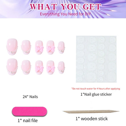 24pcs short oval White French Tip Press On Nails short Bow with pearls design Fit Perfectly Acrylic False Nail set,contain 1pcs