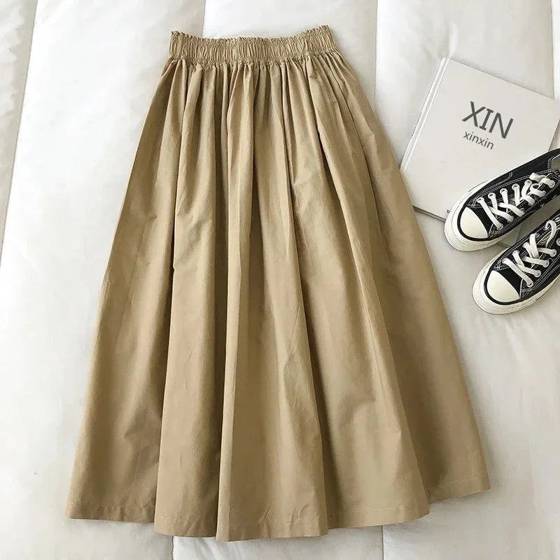 2025 NEW Women's White Long Skirt High Waist A-Line Knee-Length Fashion Pockets Pleated Casual Elegant Skirts for Autumn
