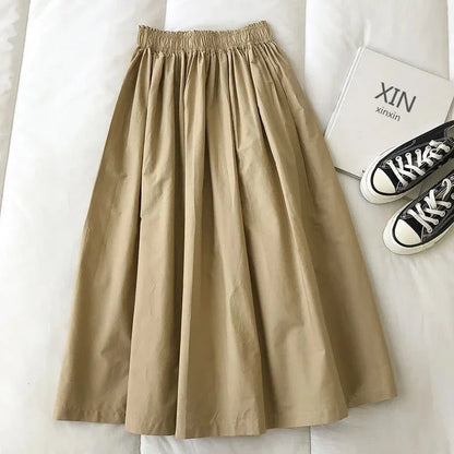 2025 NEW Women's White Long Skirt High Waist A-Line Knee-Length Fashion Pockets Pleated Casual Elegant Skirts for Autumn