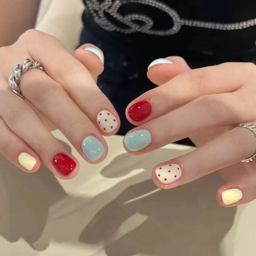 24pcs Retro Polka Press-On Nails - Cherry Red & Lake Blue Dots Short Round Shape (Multi Sizes) Coverage Nail Art Kit
