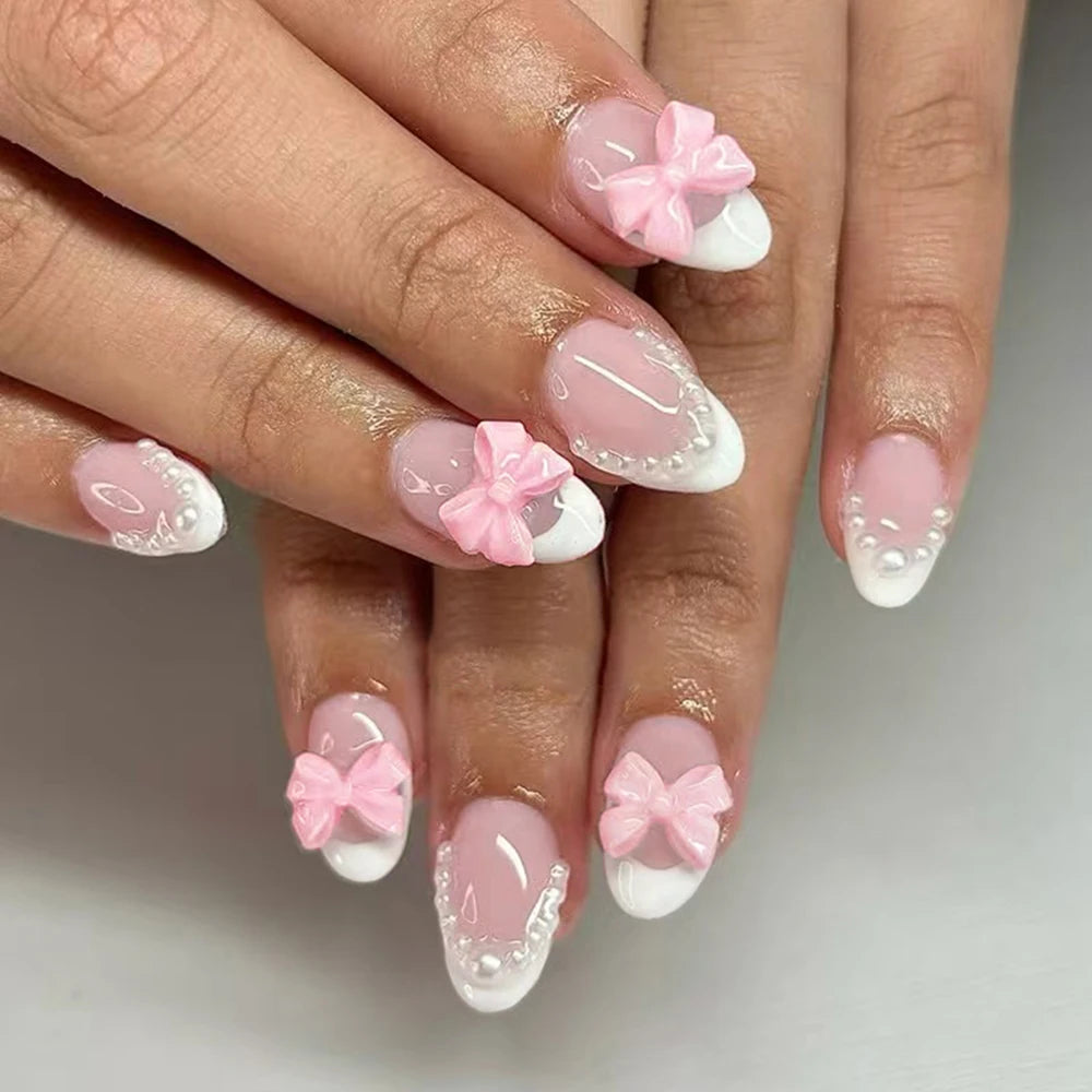 24pcs short oval White French Tip Press On Nails short Bow with pearls design Fit Perfectly Acrylic False Nail set,contain 1pcs