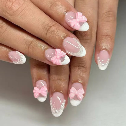 24pcs short oval White French Tip Press On Nails short Bow with pearls design Fit Perfectly Acrylic False Nail set,contain 1pcs