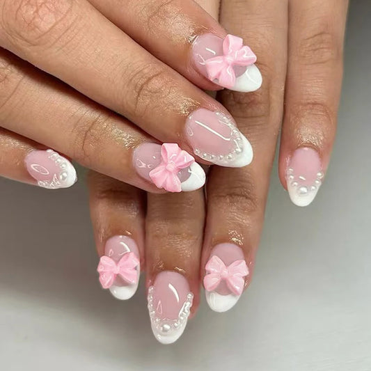 24pcs short oval White French Tip Press On Nails short Bow with pearls design Fit Perfectly Acrylic False Nail set,contain 1pcs