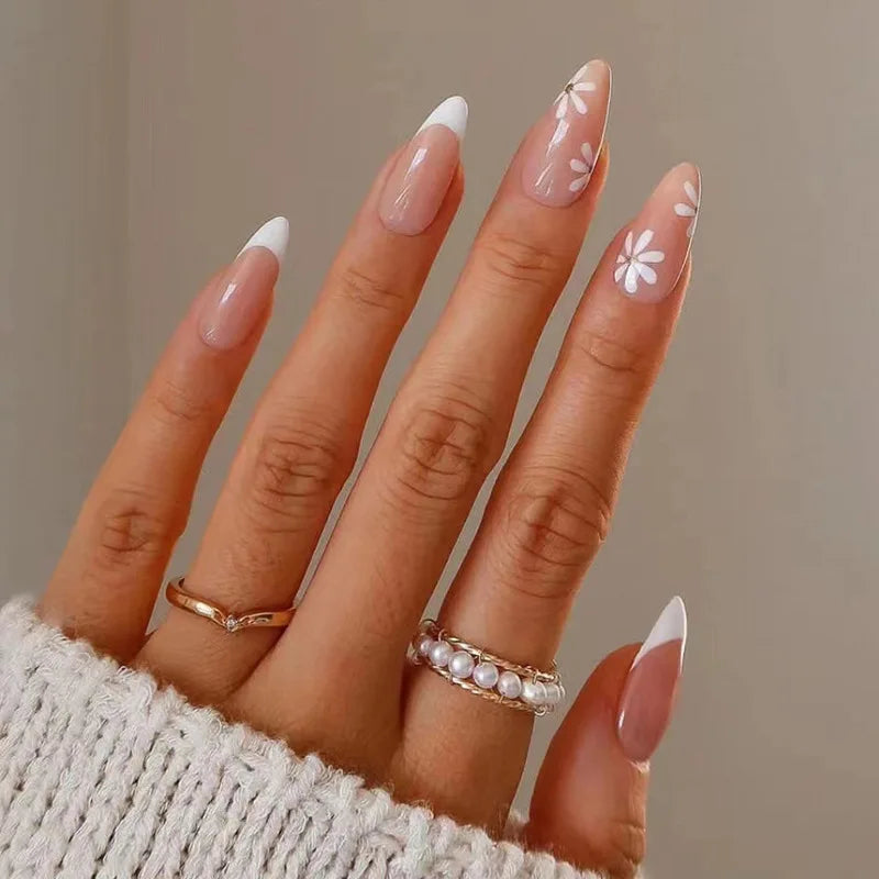 24Pcs Long Almond Fake Nails with White Edge Design Wearable French Press on False Nails Simple Full Cover Nail Tips Manicure