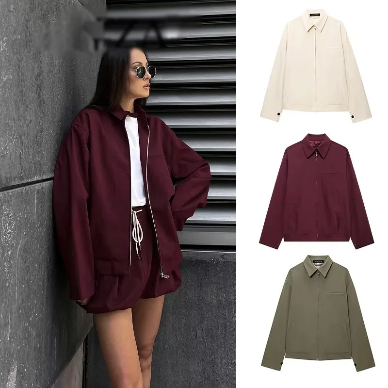 2025 Women Solid Wine Red Jacket Coat Long Sleeve Zipper Cropped Tops Female Casual Chic Tops Woman Fashion High Street